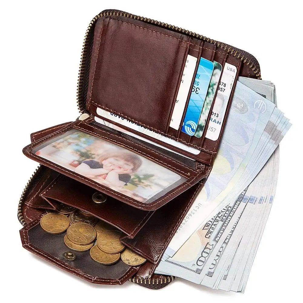 Men's Vintage Genuine Leather Wallet with Zip and Compact Flap Image
