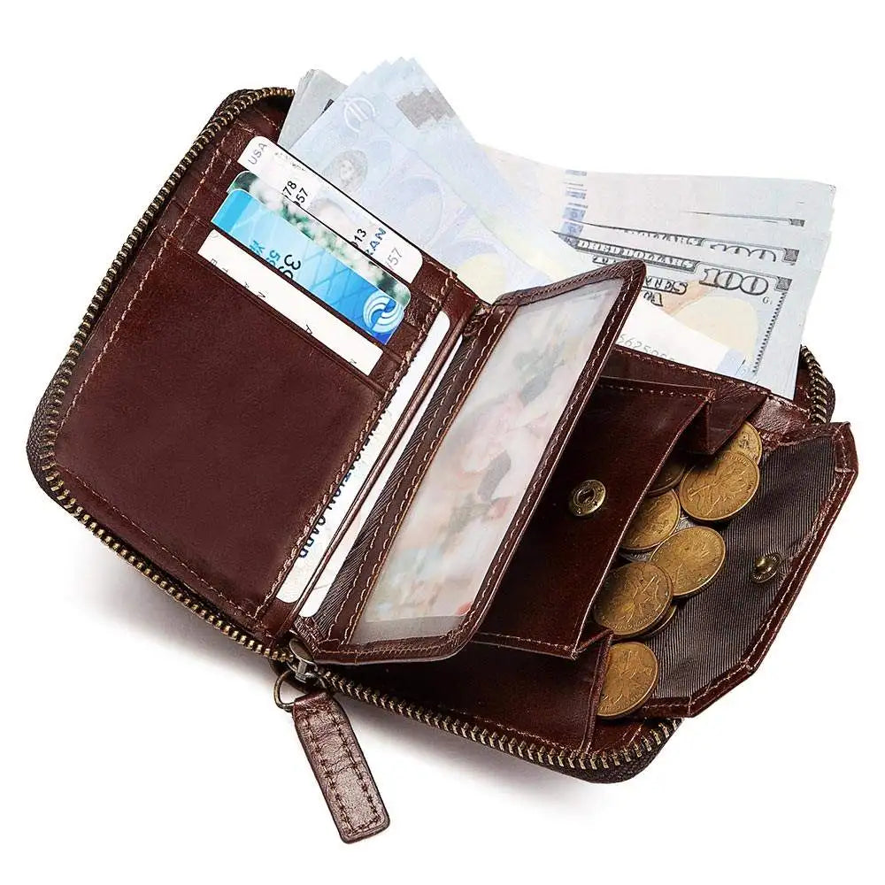 Men's Vintage Genuine Leather Wallet with Zip and Compact Flap