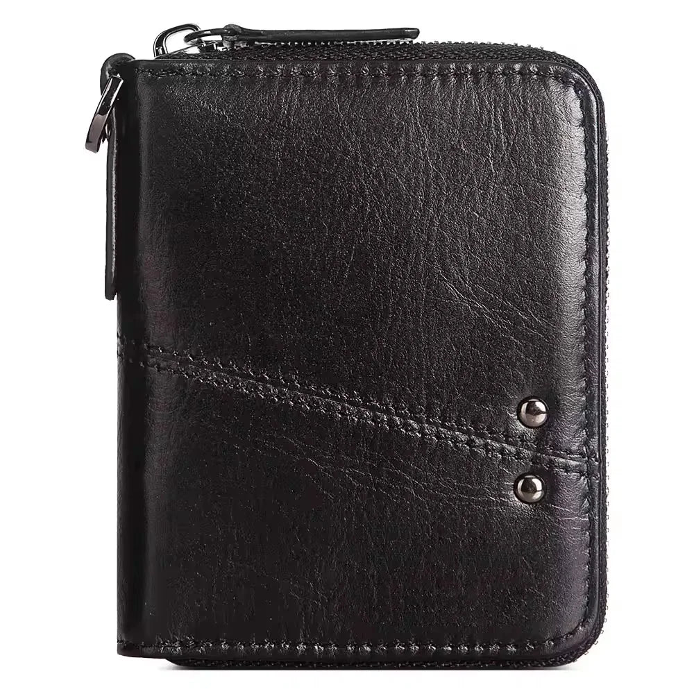 Men's Vintage Genuine Leather Wallet with Zip and Compact Flap