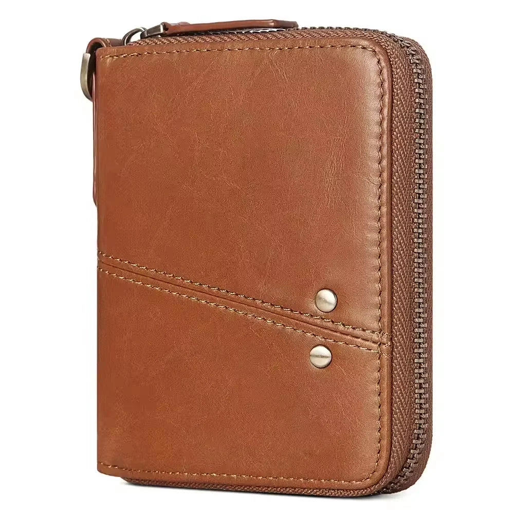 Men's Vintage Genuine Leather Wallet with Zip and Compact Flap
