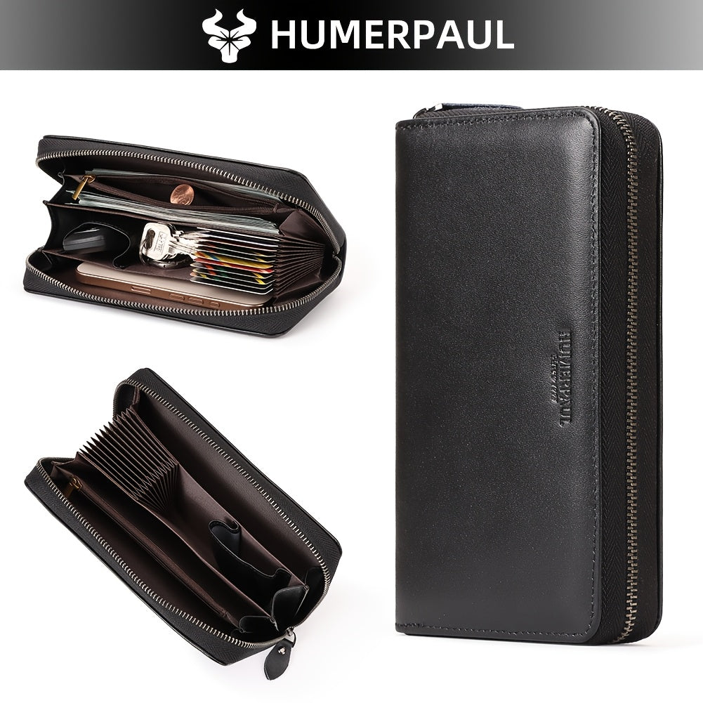 Men's Zippered Leather Wallet with 13 Card Slots