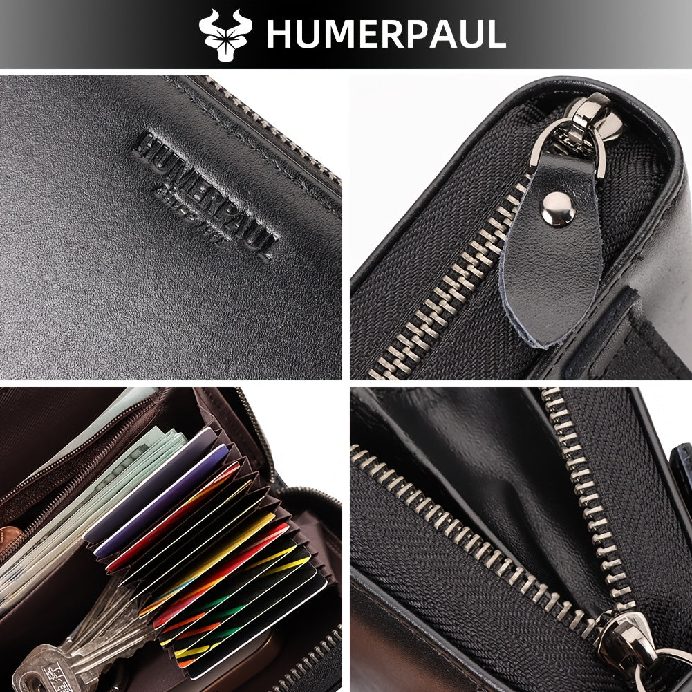 Men's Zippered Leather Wallet with 13 Card Slots