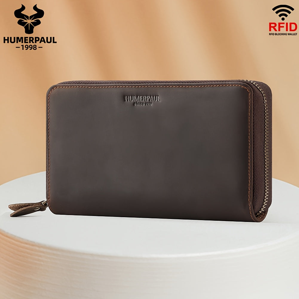 Men's Zippered Leather Wallet with 13 Card Slots