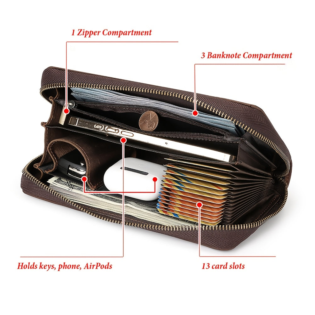 Men's Zippered Leather Wallet with 13 Card Slots