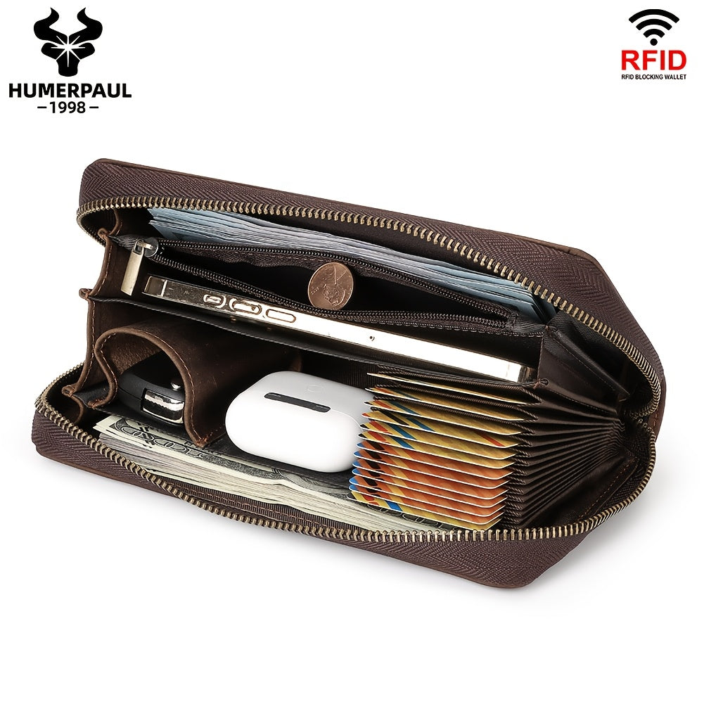 Men's Zippered Leather Wallet with 13 Card Slots