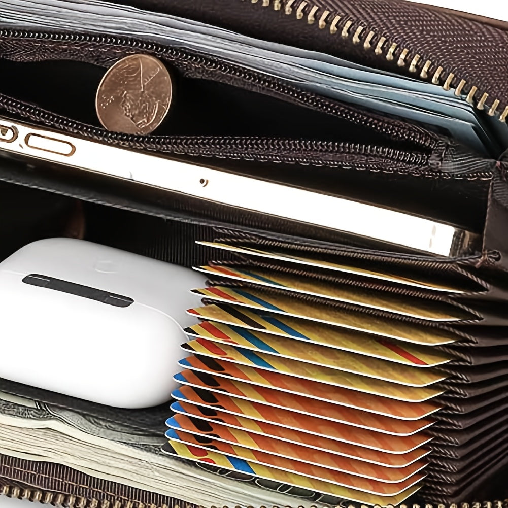 Men's Zippered Leather Wallet with 13 Card Slots