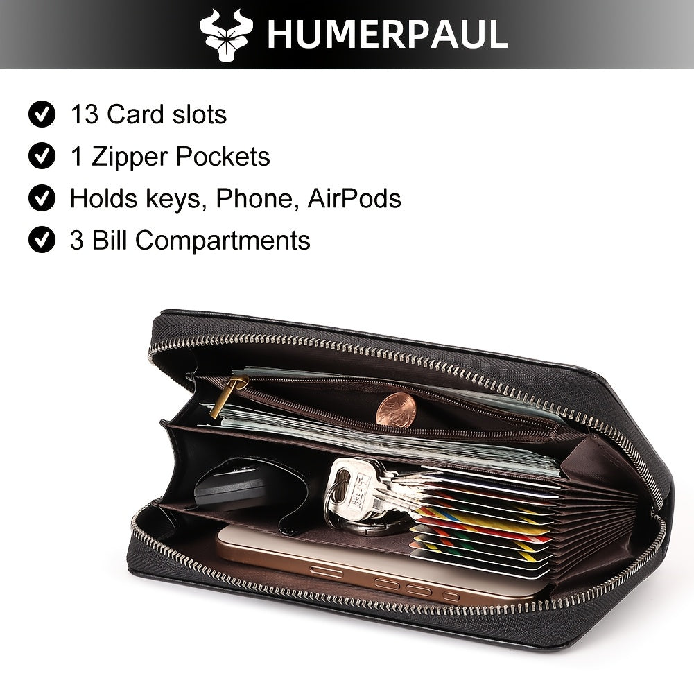 Men's Zippered Leather Wallet with 13 Card Slots