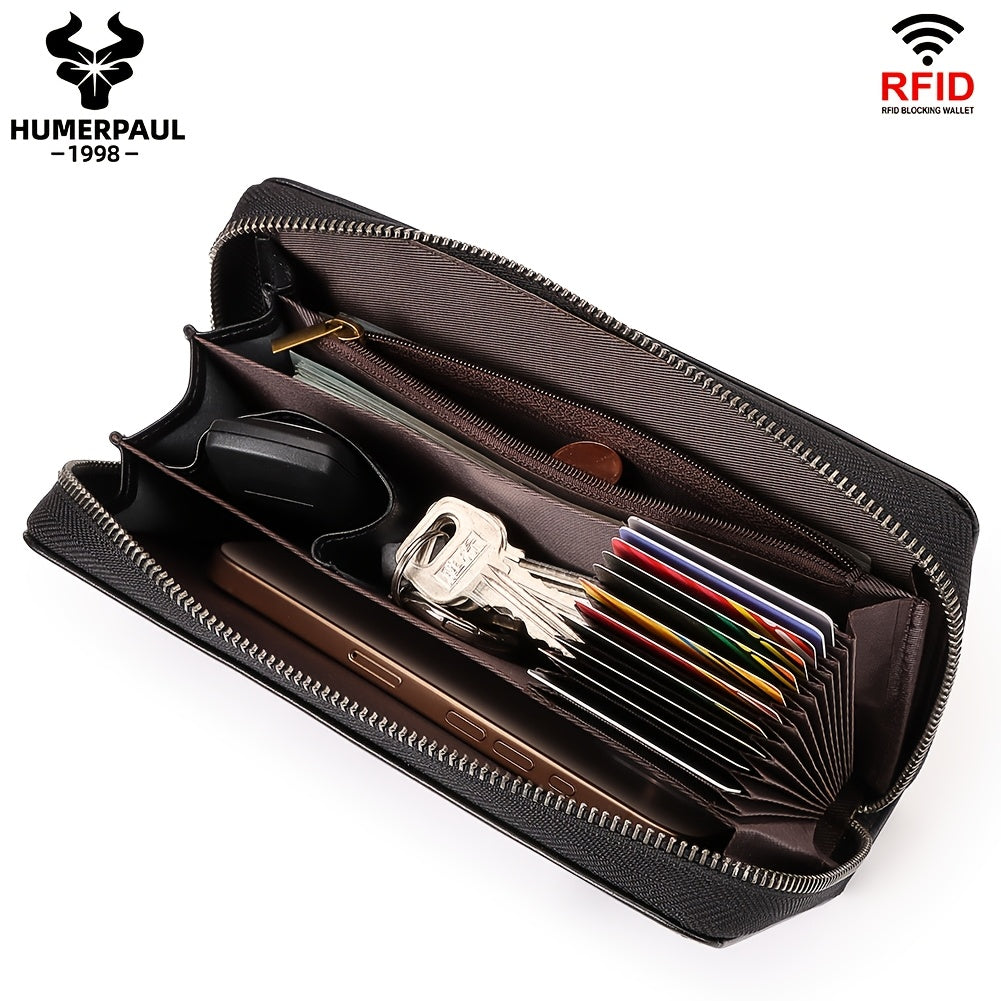 Men's Zippered Leather Wallet with 13 Card Slots