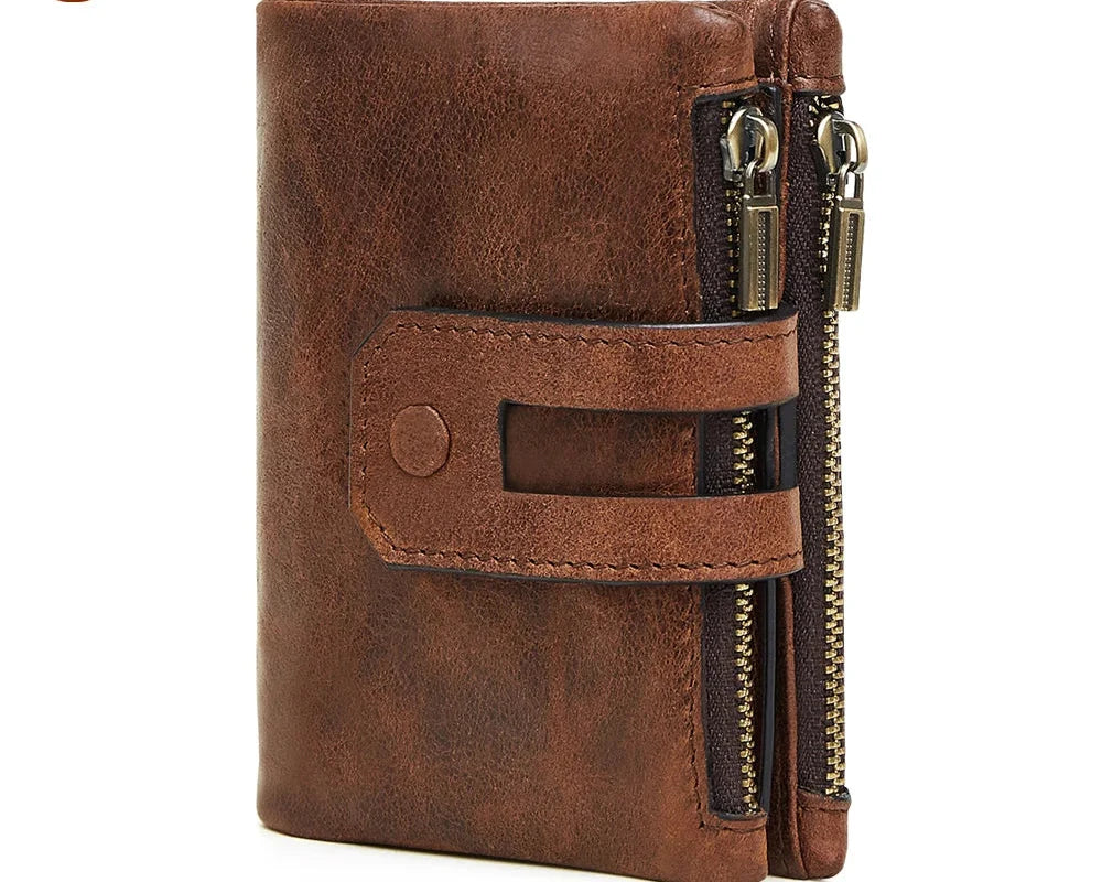 Men's Vintage Genuine Leather Wallet with Double Zip and RFID Protection