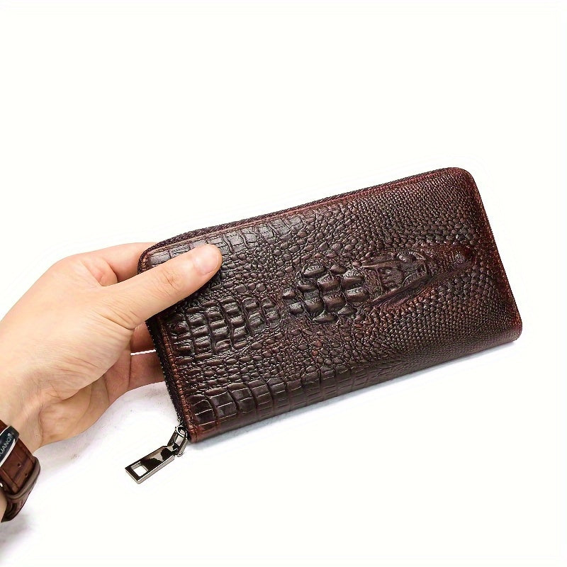 Long Crocodile Wallet for Men, Twelve Slots and Full Zip