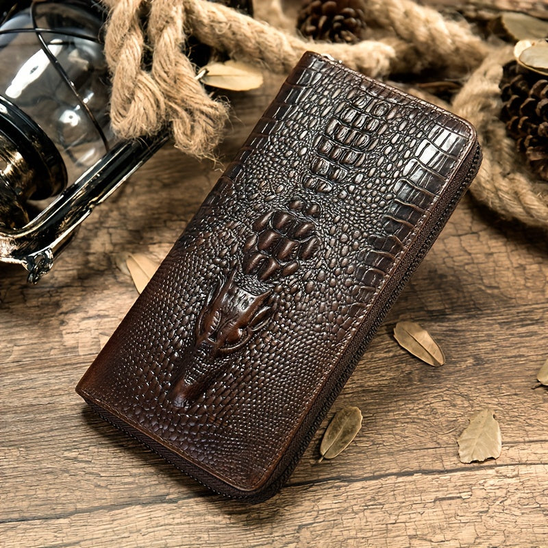 Long Crocodile Wallet for Men, Twelve Slots and Full Zip