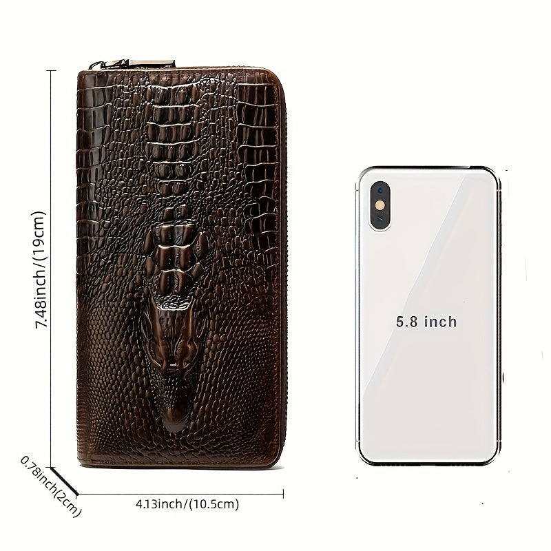 Long Crocodile Wallet for Men, Twelve Slots and Full Zip