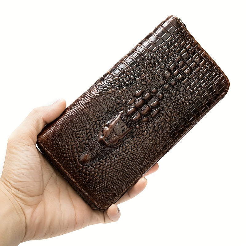 Long Crocodile Wallet for Men, Twelve Slots and Full Zip