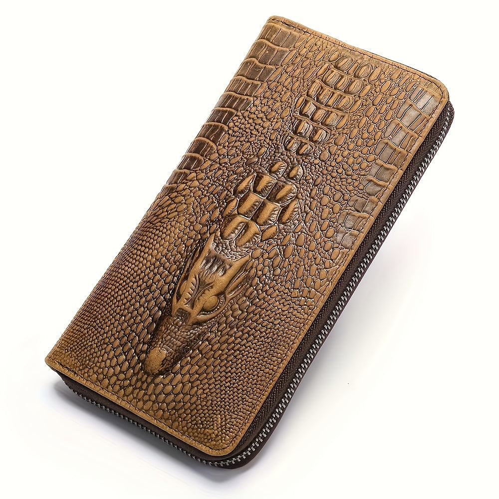 Long Crocodile Wallet for Men, Twelve Slots and Full Zip