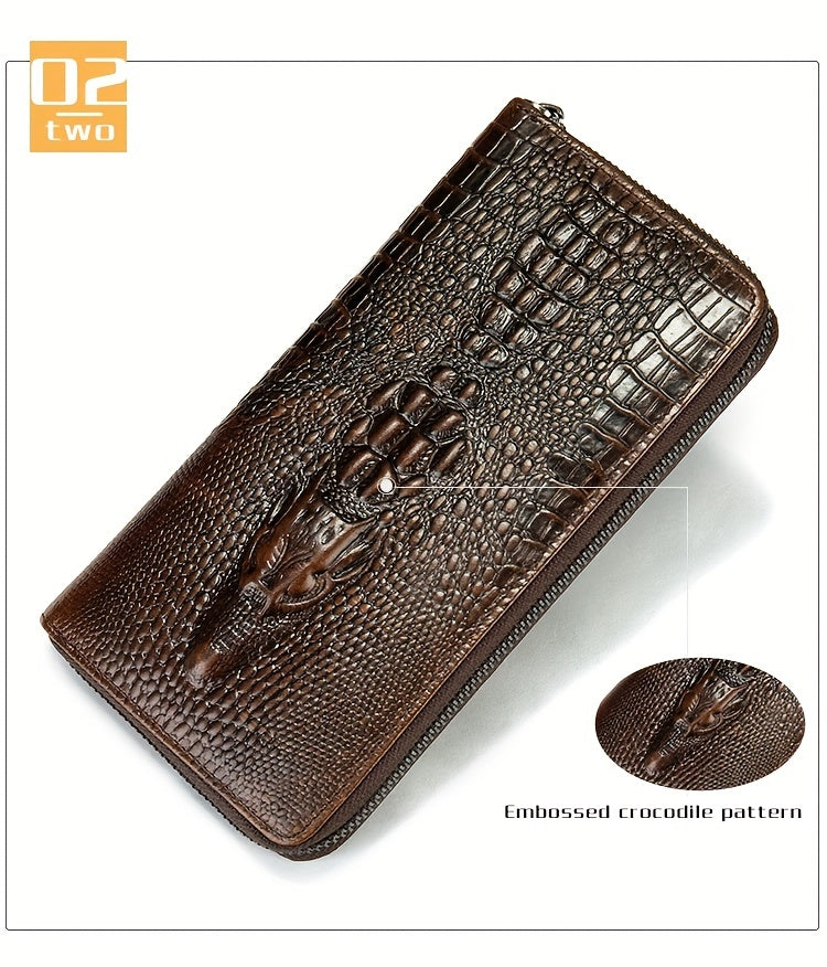 Long Crocodile Wallet for Men, Twelve Slots and Full Zip