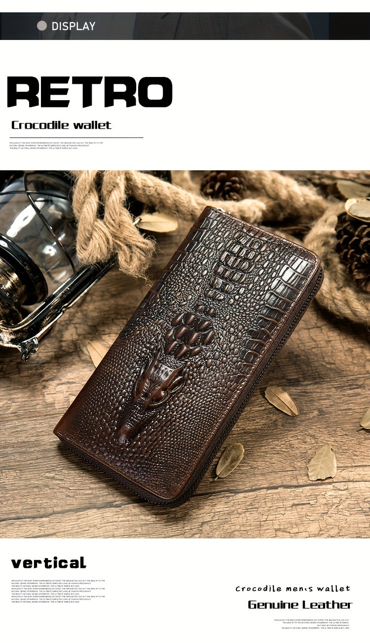Long Crocodile Wallet for Men, Twelve Slots and Full Zip