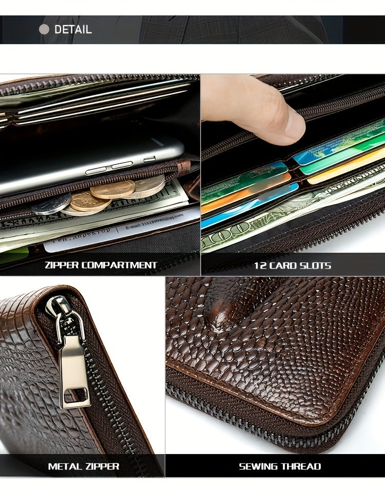 Long Crocodile Wallet for Men, Twelve Slots and Full Zip