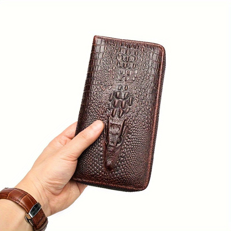 Long Crocodile Wallet for Men, Twelve Slots and Full Zip