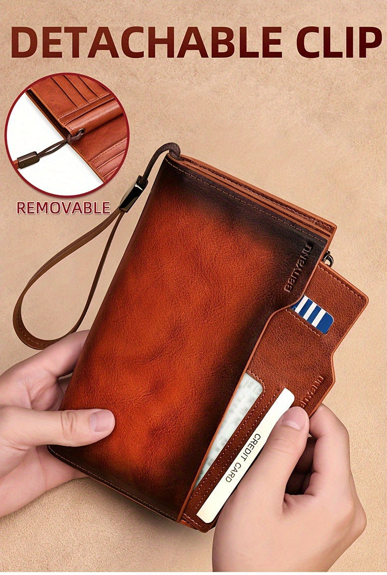 Men's Long Leather Wallet, 26 Cards and Removable Clip