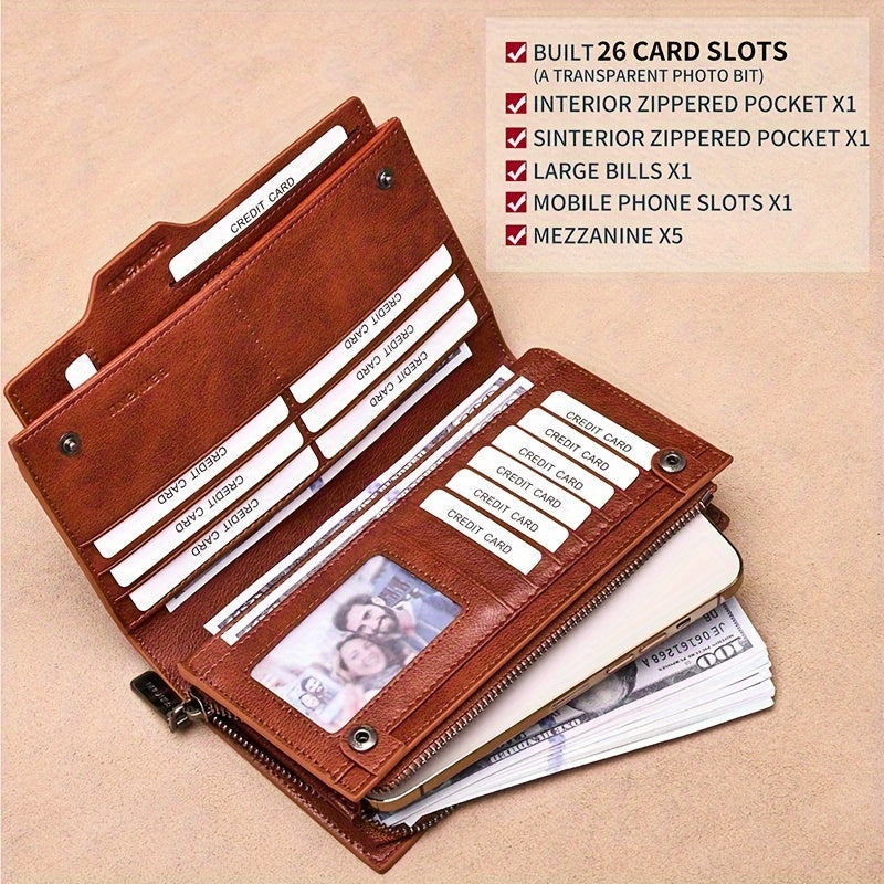 Men's Long Leather Wallet, 26 Cards and Removable Clip