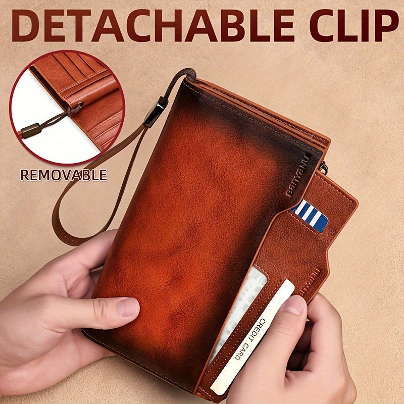 Men's Long Leather Wallet, 26 Cards and Removable Clip