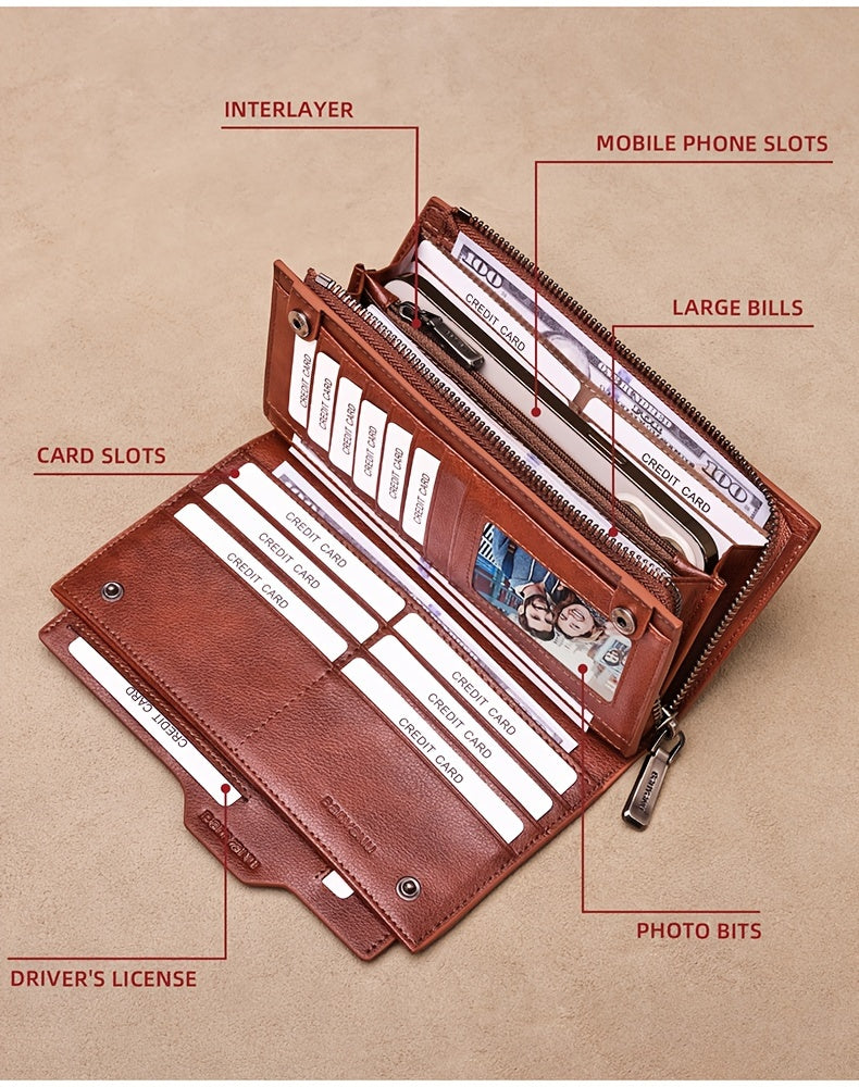 Men's Long Leather Wallet, 26 Cards and Removable Clip