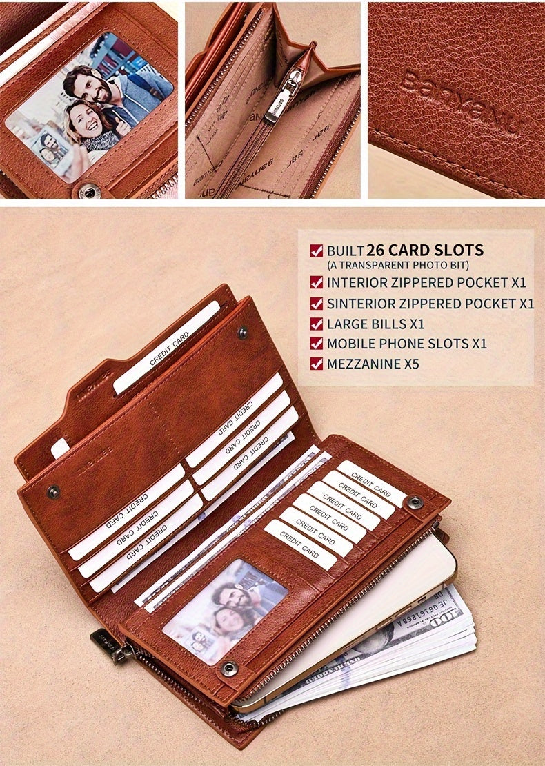 Men's Long Leather Wallet, 26 Cards and Removable Clip