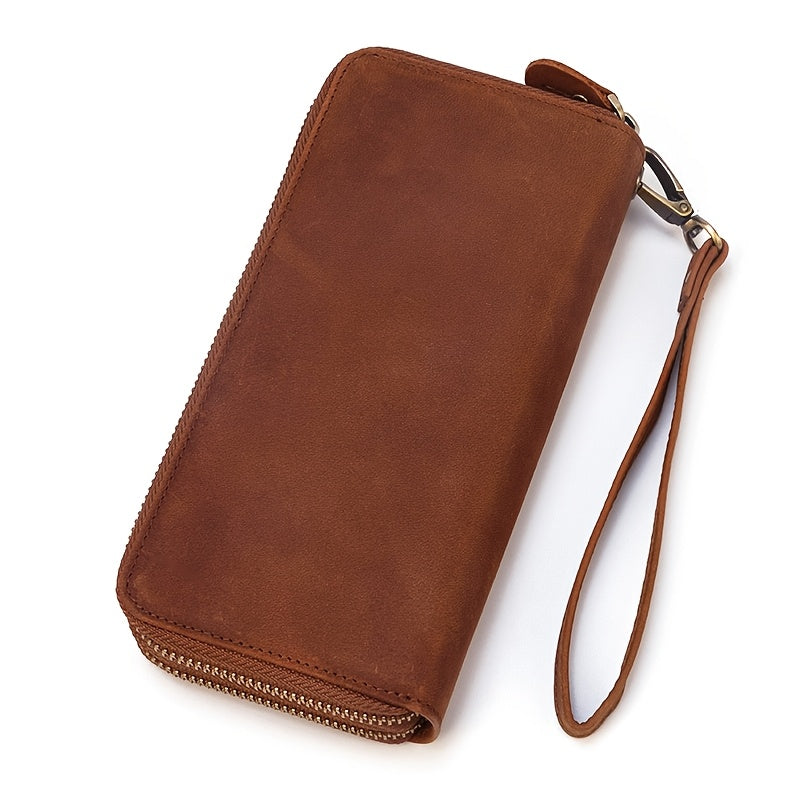 Men's Long Crazy Horse Leather Wallet with Double Zip