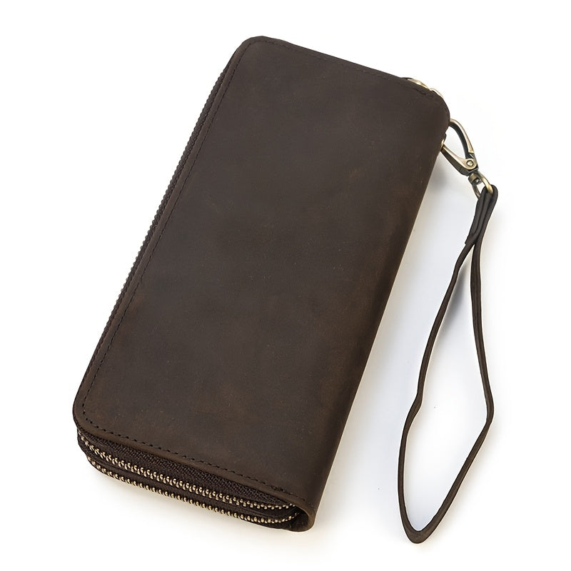 Men's Long Crazy Horse Leather Wallet with Double Zip