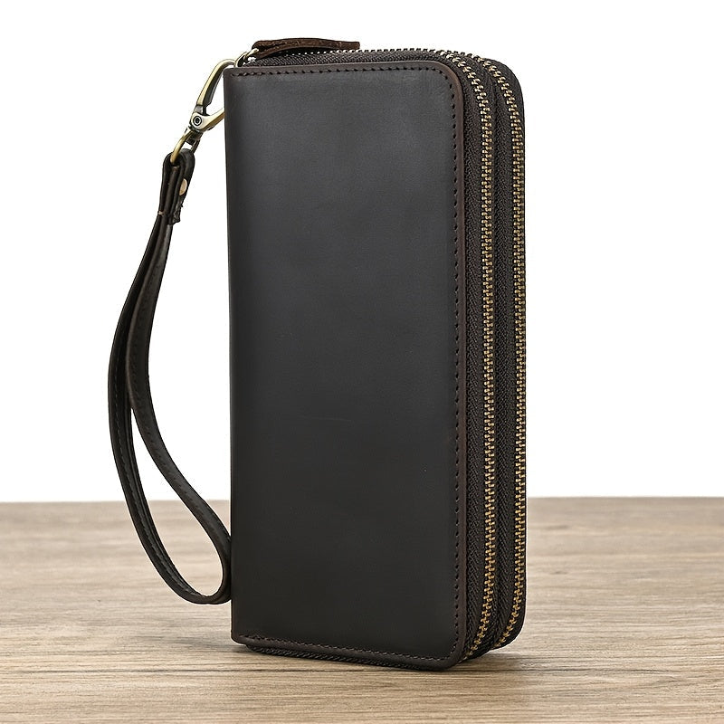 Men's Long Crazy Horse Leather Wallet with Double Zip