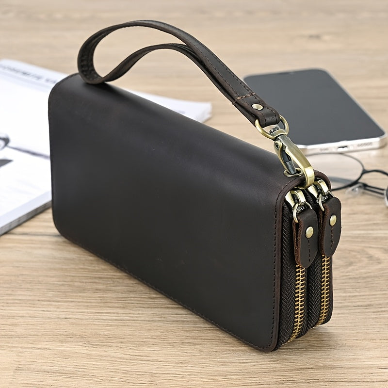Men's Long Crazy Horse Leather Wallet with Double Zip