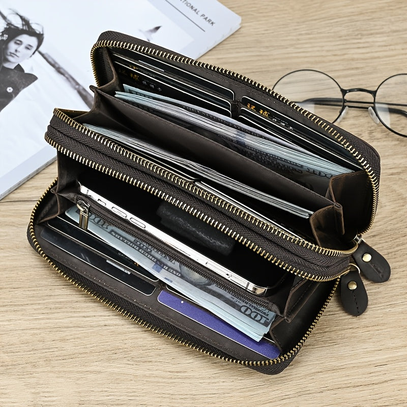 Men's Long Crazy Horse Leather Wallet with Double Zip