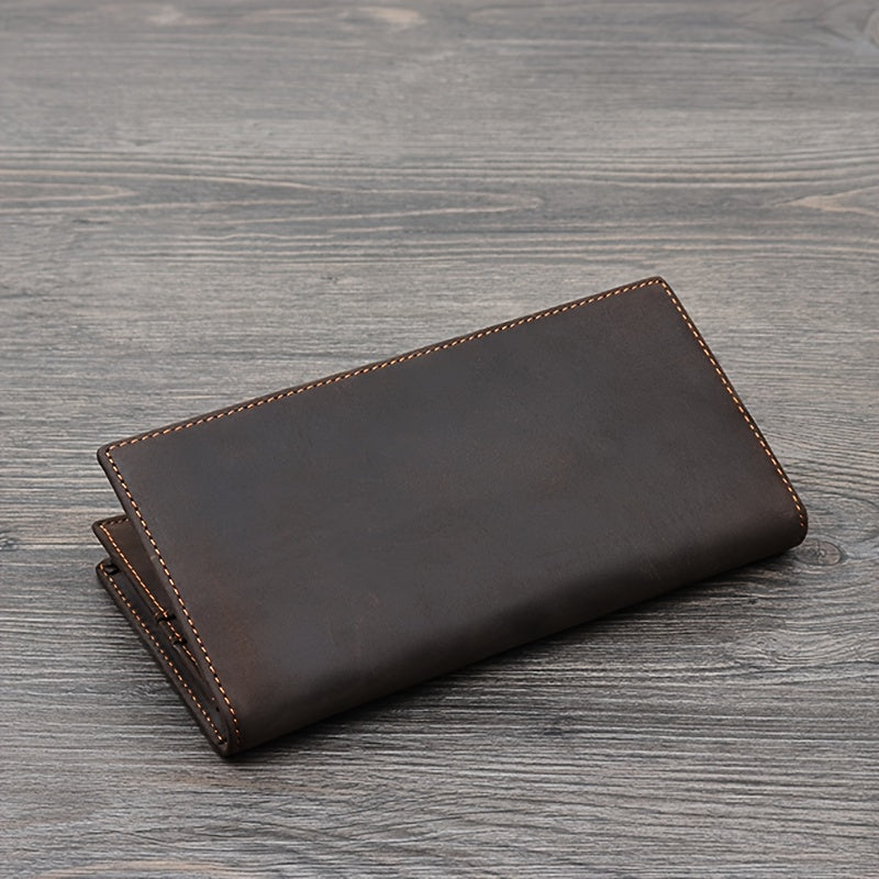 Men's Long Crazy Horse Leather Wallet, 0.6 in Closed