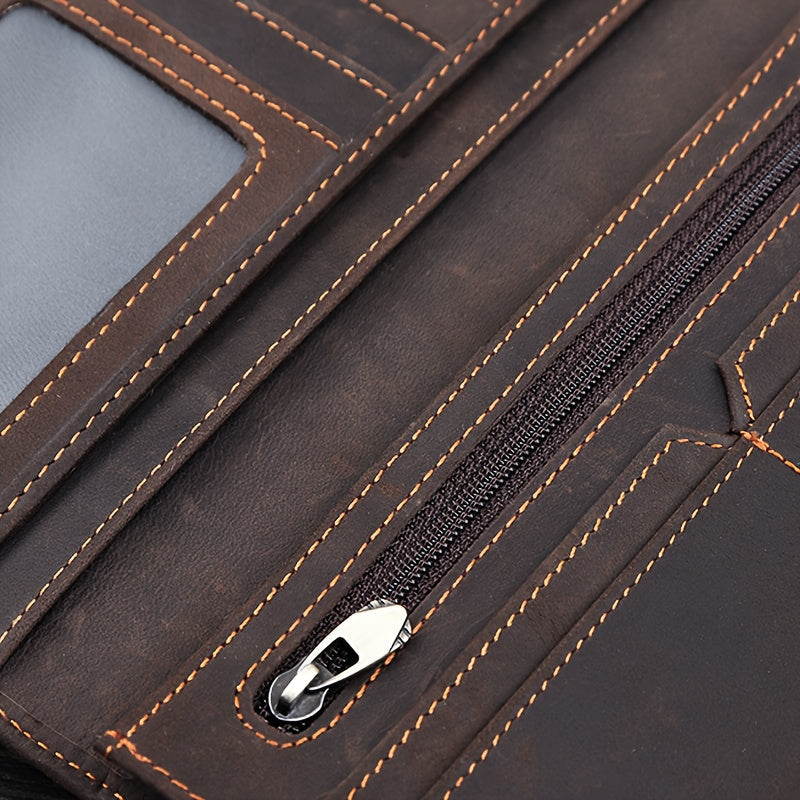 Men's Long Crazy Horse Leather Wallet, 0.6 in Closed