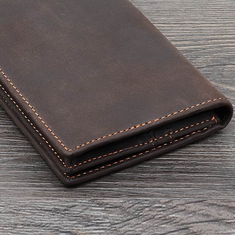 Men's Long Crazy Horse Leather Wallet, 0.6 in Closed