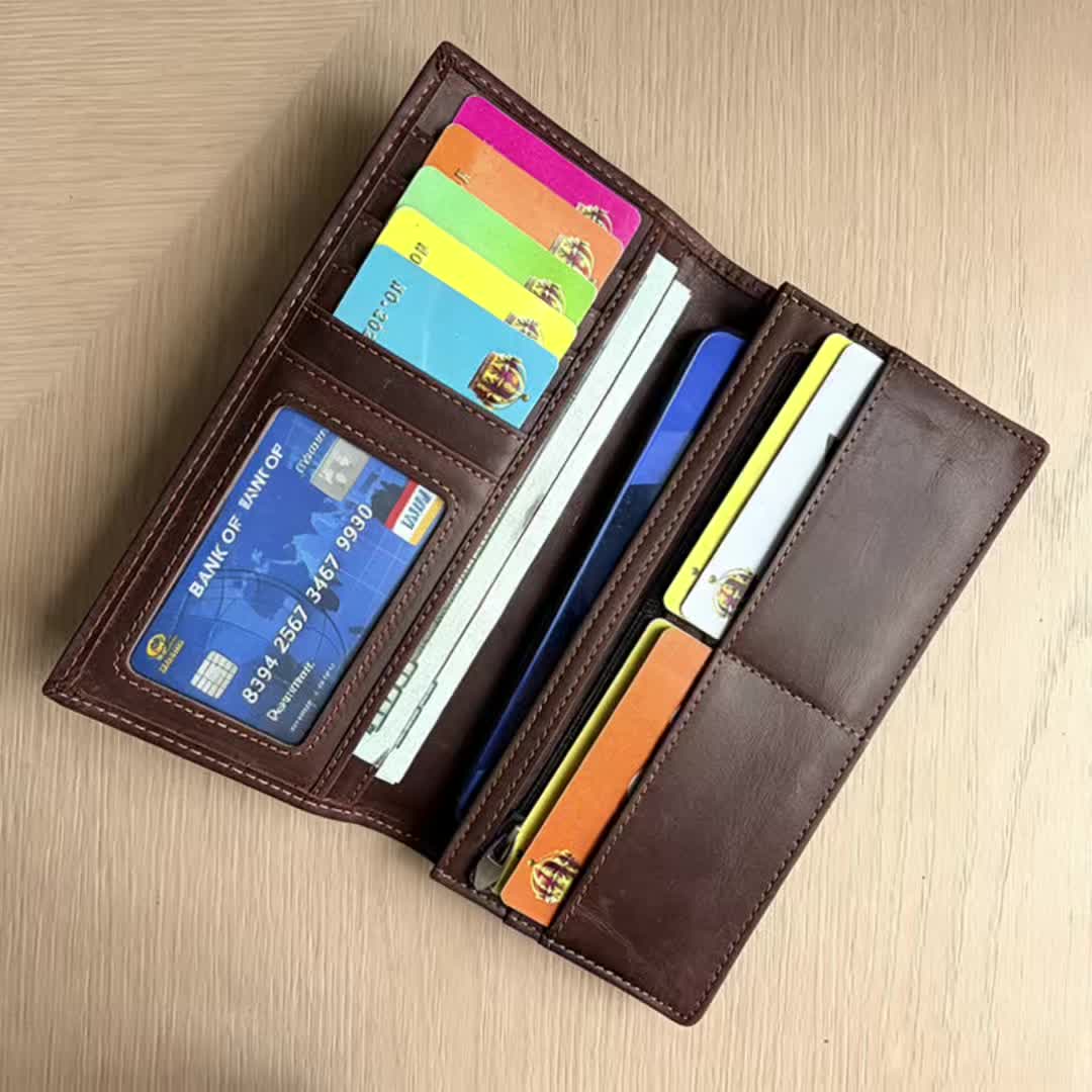 Men's Long Crazy Horse Leather Wallet, 0.6 in Closed