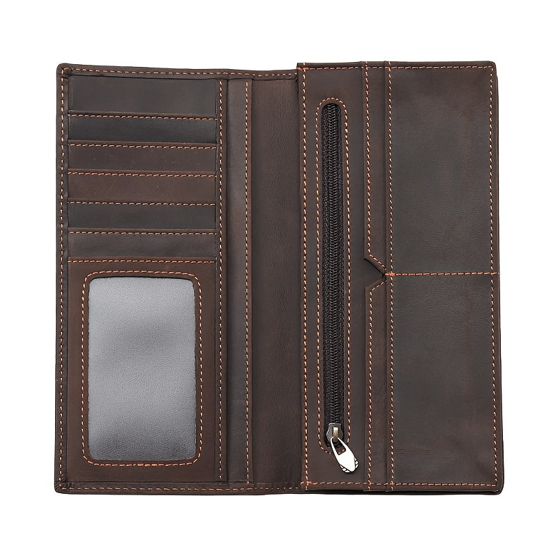 Men's Long Crazy Horse Leather Wallet, 0.6 in Closed