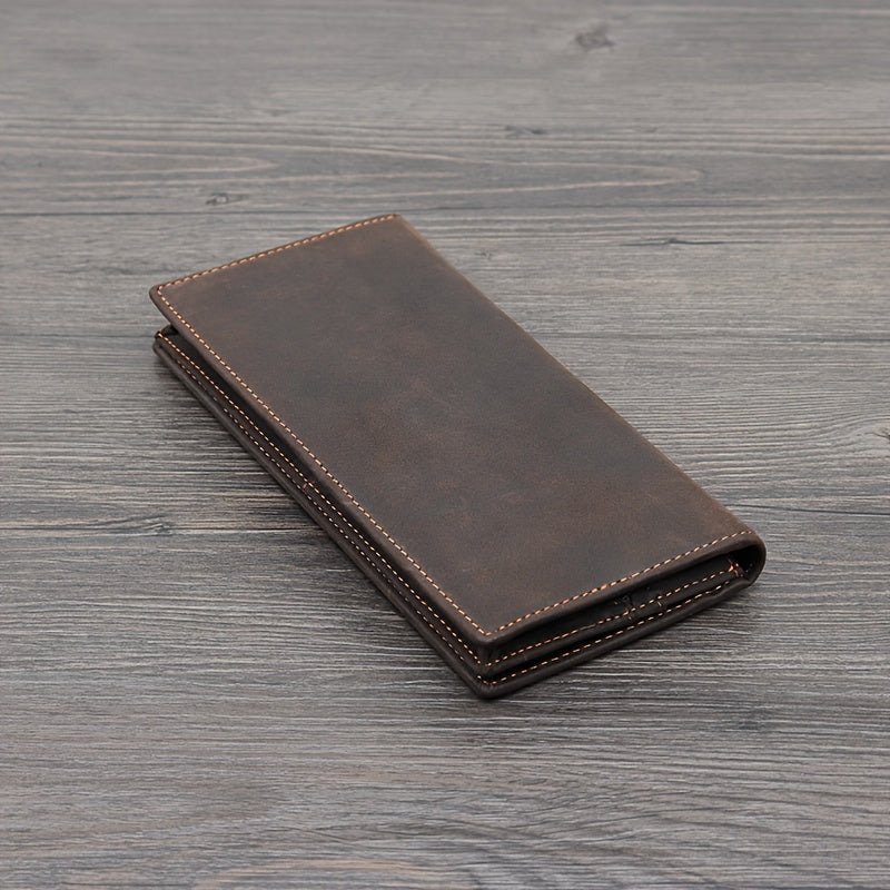 Men's Long Crazy Horse Leather Wallet, 0.6 in Closed
