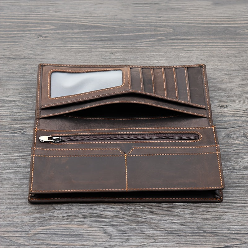 Men's Long Crazy Horse Leather Wallet, 0.6 in Closed