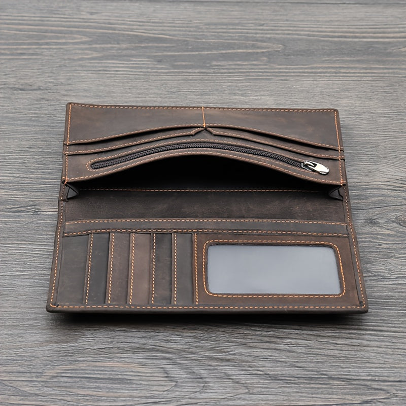 Men's Long Crazy Horse Leather Wallet, 0.6 in Closed