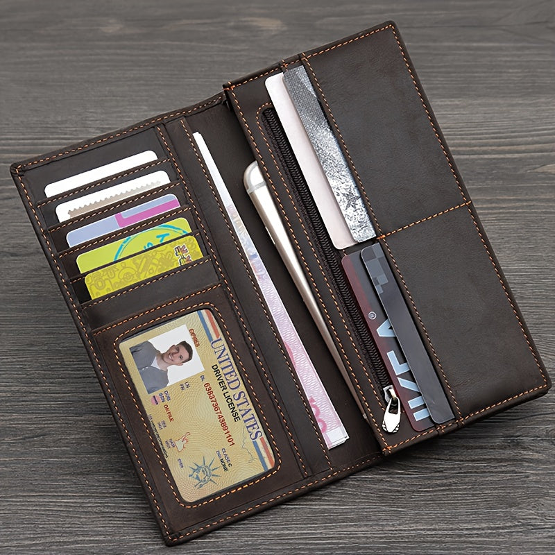 Men's Long Crazy Horse Leather Wallet, 0.6 in Closed