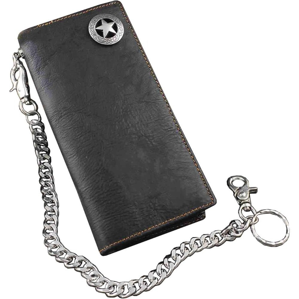 Men's Long Black Leather Wallet with Concho and Chain