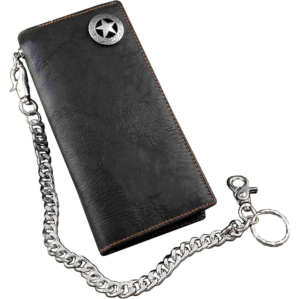 Men's Long Black Leather Wallet with Concho and Chain Image