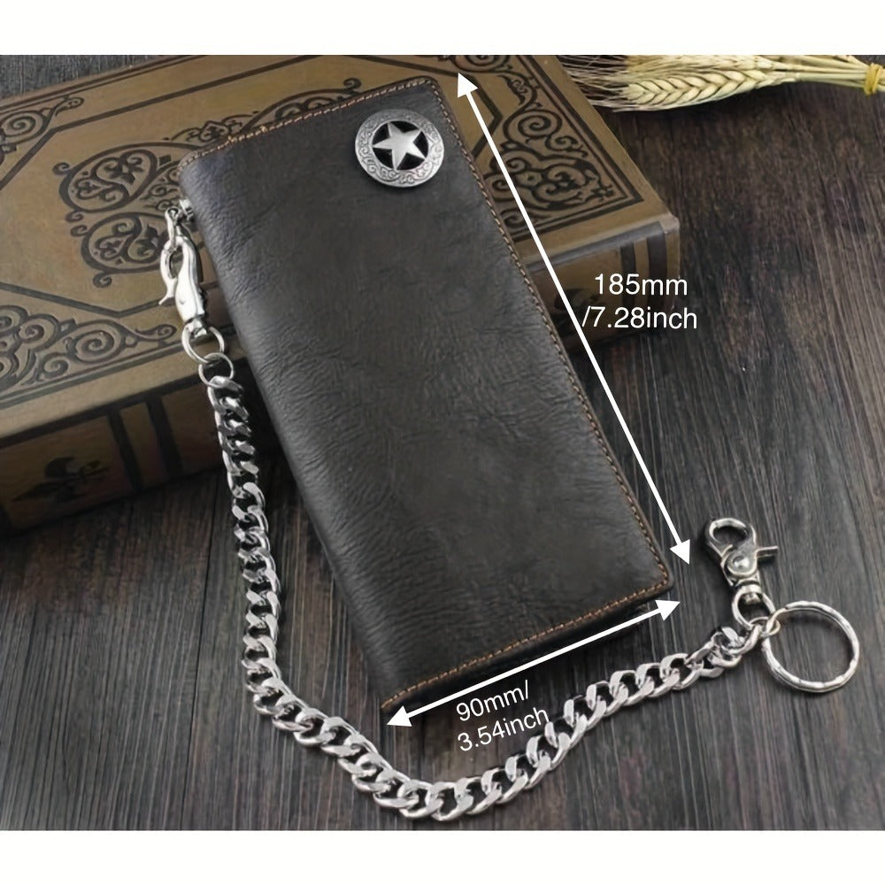 Men's Long Black Leather Wallet with Concho and Chain