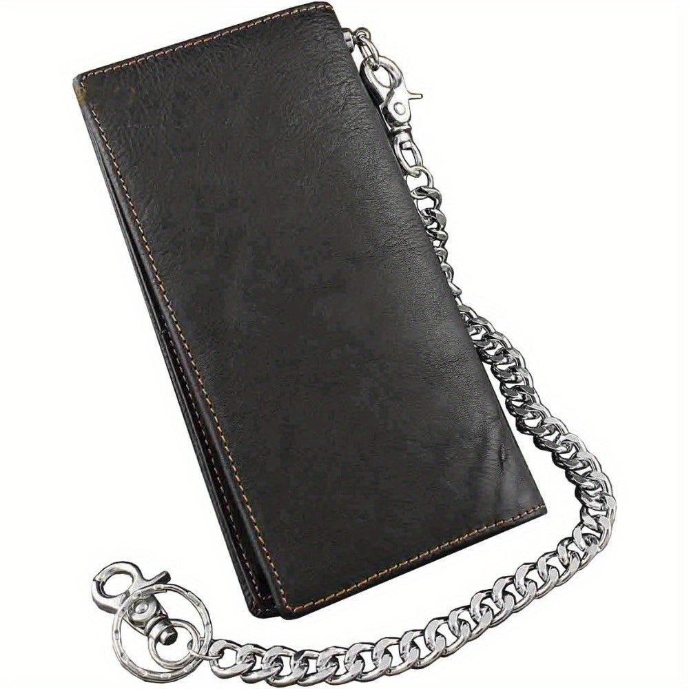 Men's Long Black Leather Wallet with Concho and Chain