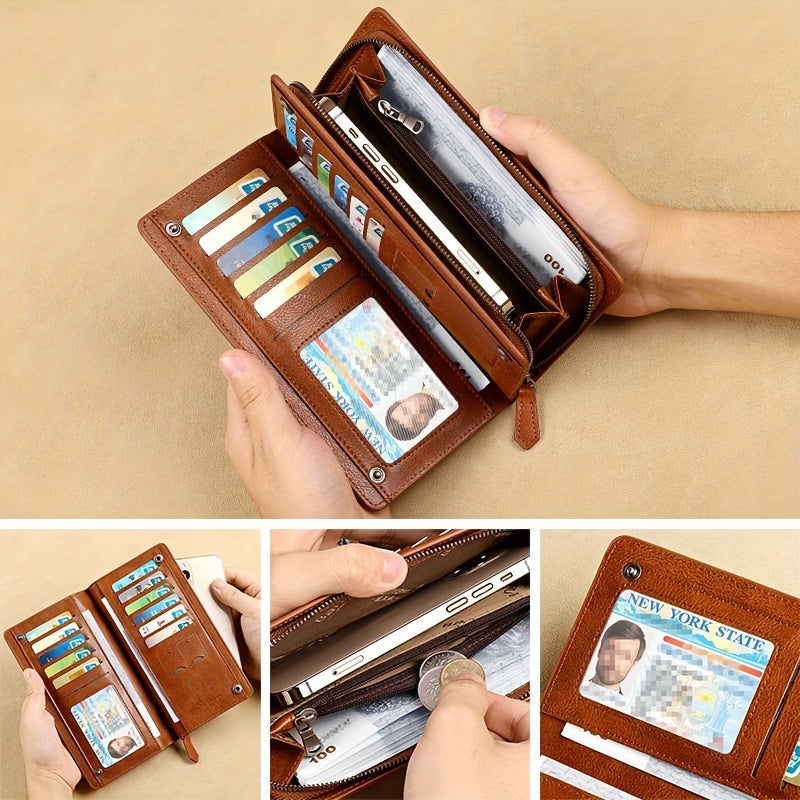Men's Long Genuine Leather Wallet with Phone Pocket