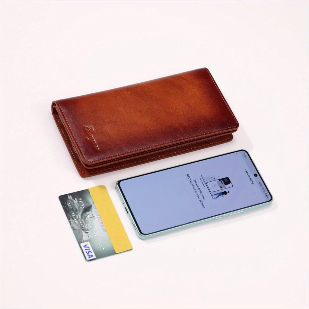 Men's Long Genuine Leather Wallet with Phone Pocket