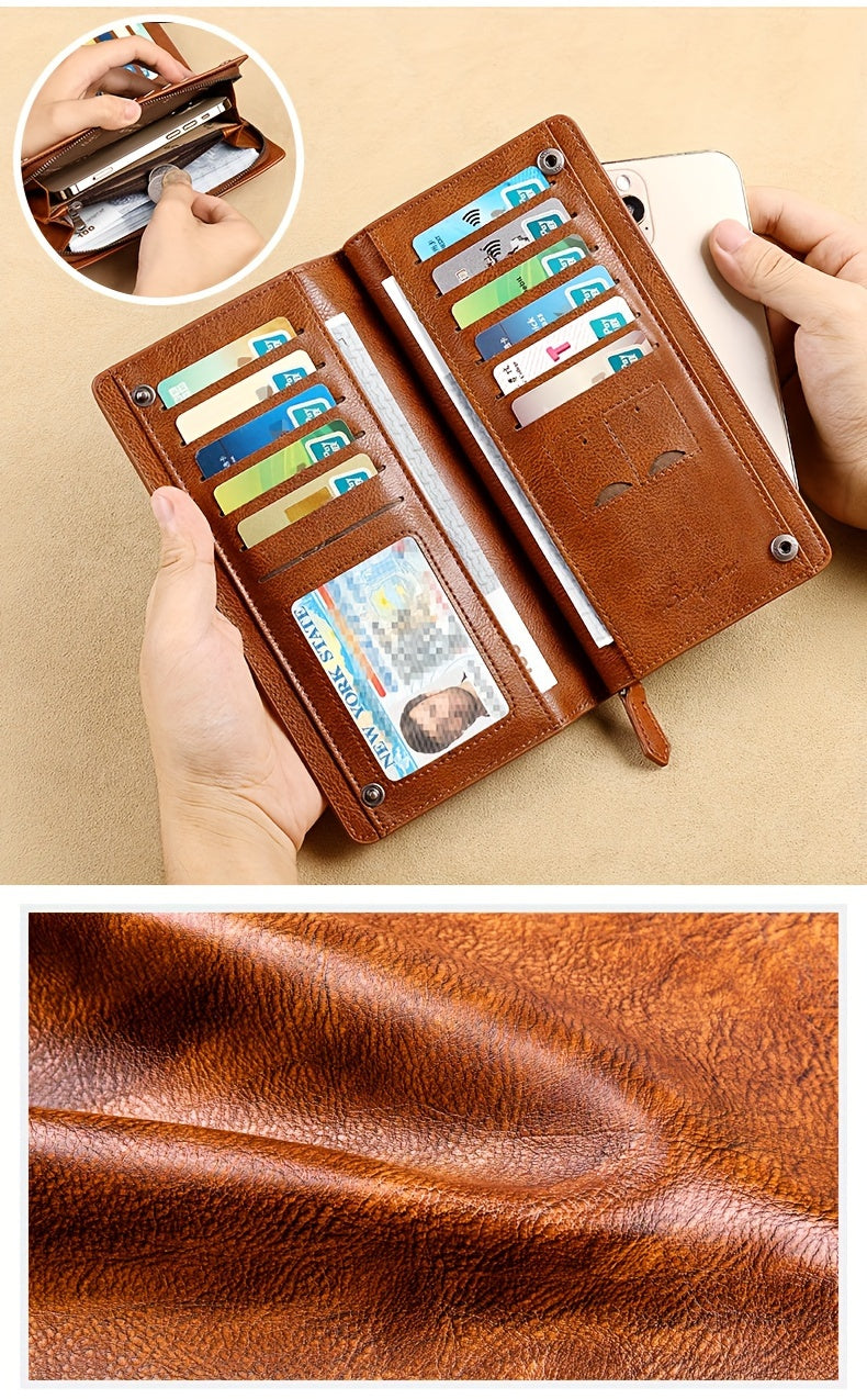 Men's Long Genuine Leather Wallet with Phone Pocket