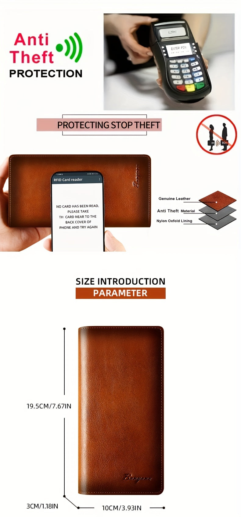 Men's Long Genuine Leather Wallet with Phone Pocket