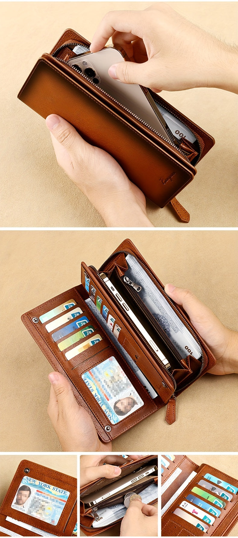 Men's Long Genuine Leather Wallet with Phone Pocket